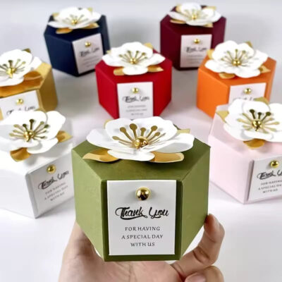 Colorful hexagon wedding favor box with flower all styles