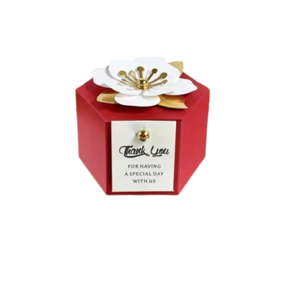 Colorful-hexagon-wedding-favor-box-with-flower-in-red